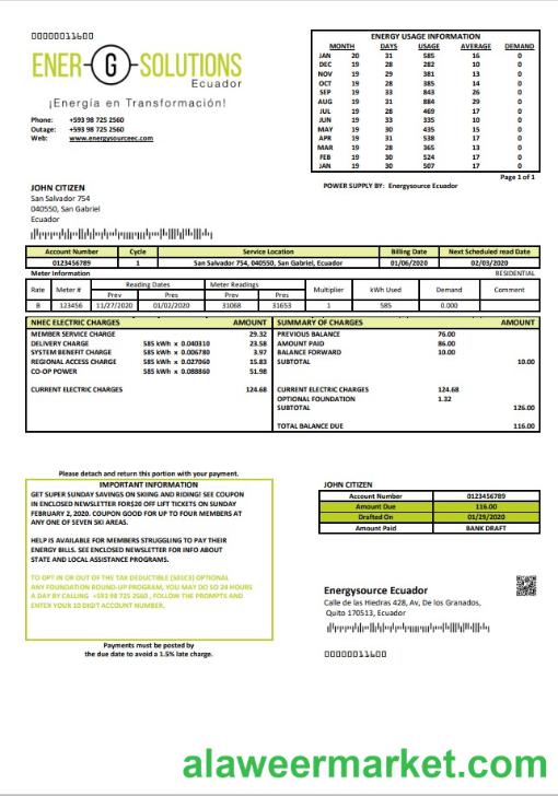 Ecuador Energysource Ecuador energy utility bill template in Word and PDF format